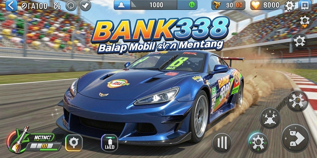 Screenshot gameplay BANK338, menampilkan aksi balap mobil yang mendebarkan.