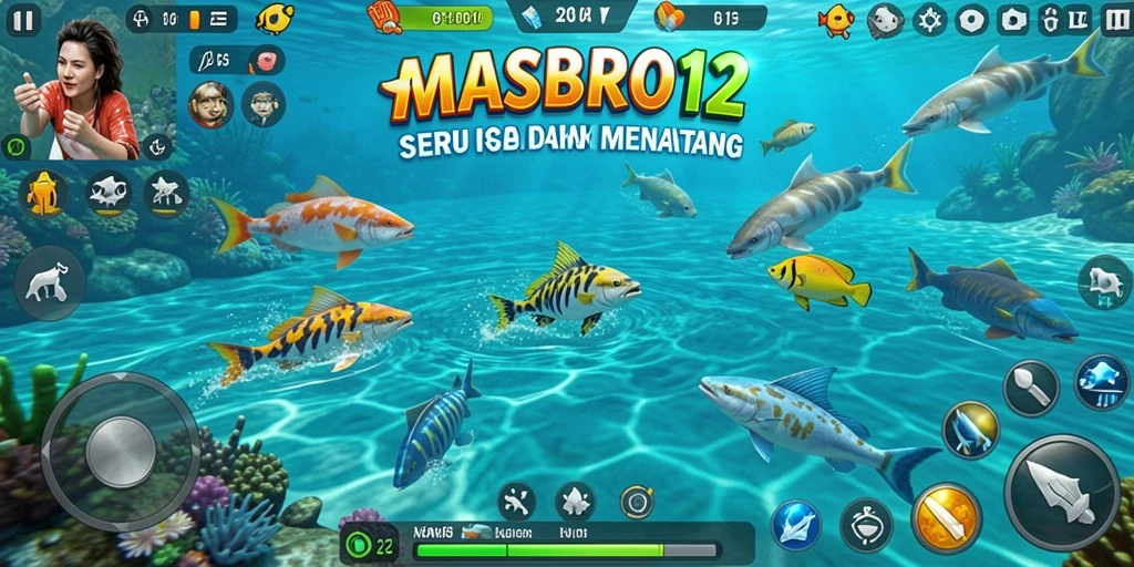 Screenshot gameplay MASBRO12 dengan aksi seru menembak ikan.