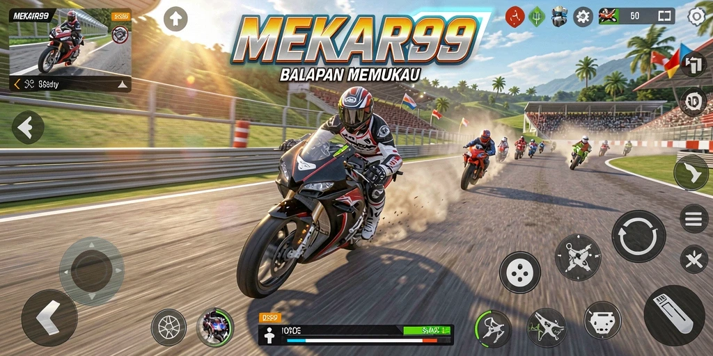 Tampilan gameplay seru dari MEKAR99 dengan motor balap tercepat.