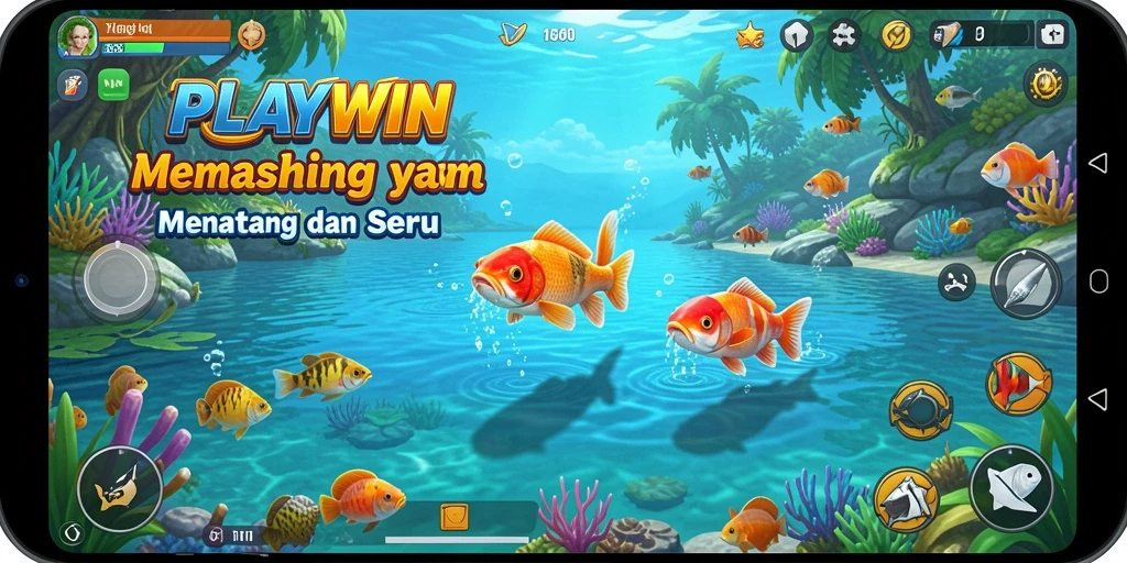 Screenshot gameplay menampilkan aksi seru memancing di berbagai lokasi.