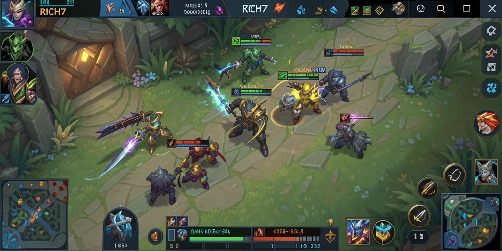 Screenshot utama RICH7 menunjukkan aksi seru dalam permainan MOBA.