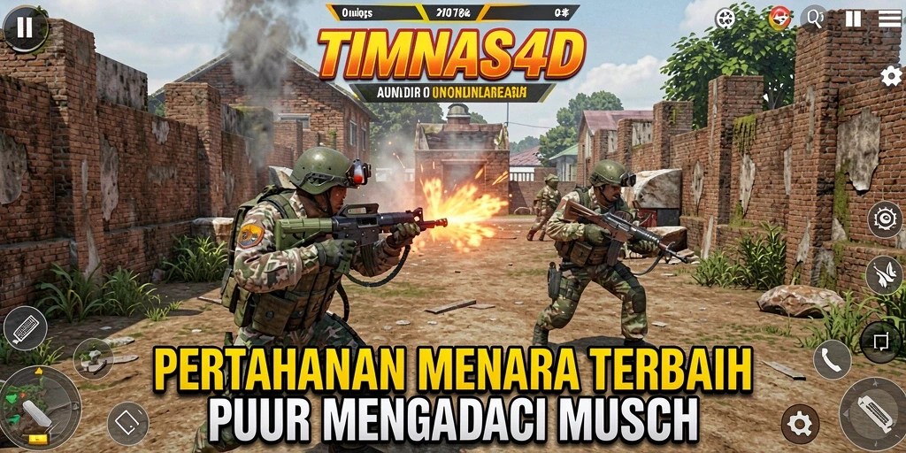 Tangkapan layar gameplay TIMNAS4D dengan menara melawan musuh yang menyerang.