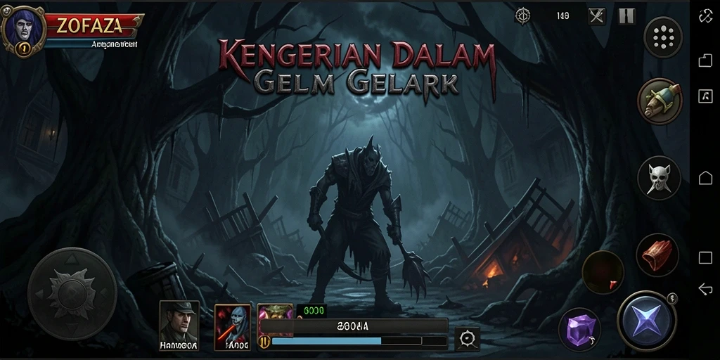 Screenshot gameplay ZOFAZA dengan suasana menakutkan dan mencekam.